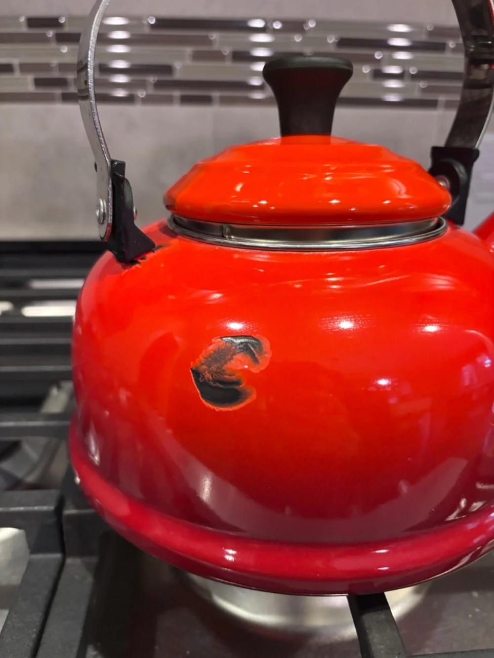 Red Le Creuset porcelain enamel 1.7 Quart tea kettle